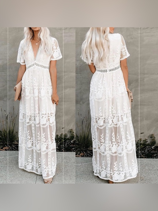 Dresses & Skirts - NWOT Deep V Neck Short Sleeve Floral Lace Dress Long Bridal Shower Maxi Dresses